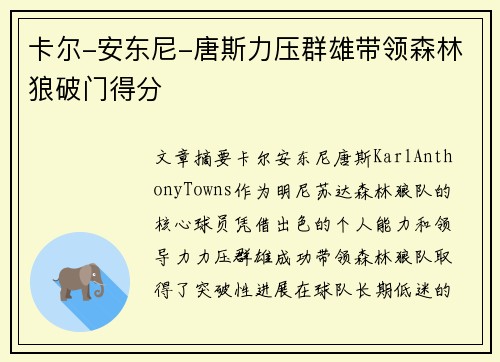 卡尔-安东尼-唐斯力压群雄带领森林狼破门得分