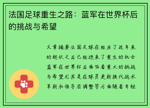 法国足球重生之路：蓝军在世界杯后的挑战与希望